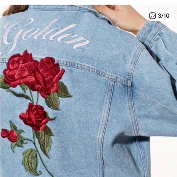 Aritzia Light Blue Denim Jacket with Red Floral Embroidery - Picture 3 of 7